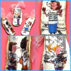 Handmade decoupaged oyster shells fitness theme set of 3